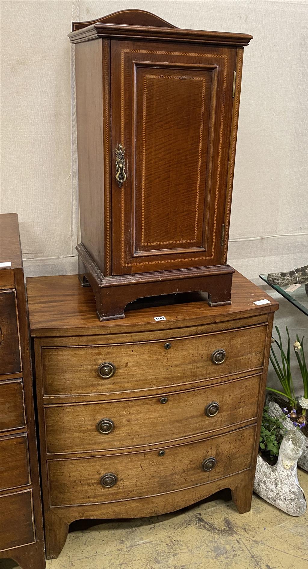 A small Regency mahogany bow fronted chest of drawers, width 75cm, depth 43cm, height 83cm together with an Edwardian banded mahogany b